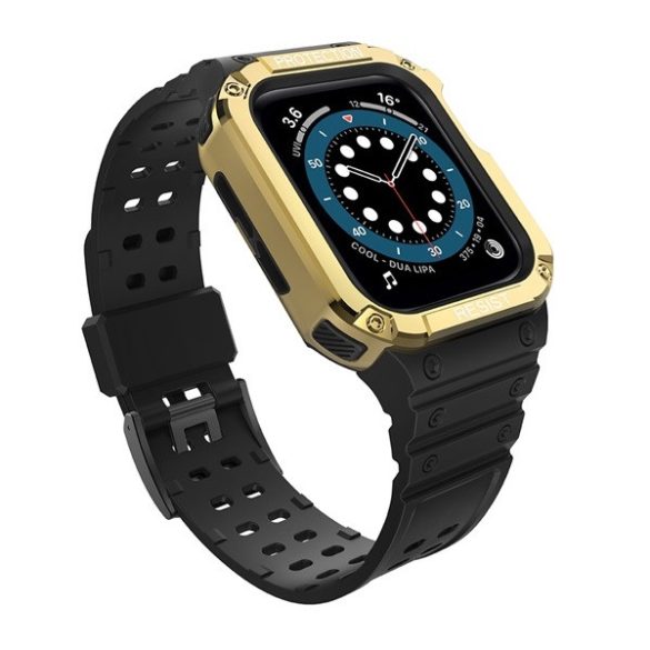Apple Watch 1-6, SE, SE (2022) (38 / 40 mm) / Watch 7-9 (41 mm), Szilikon védőkeret, közepesen ütésálló, állítható szíjjal, kétszínű, fekete/arany