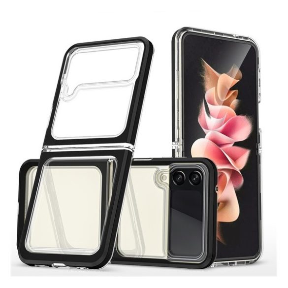 Samsung Galaxy Z Flip4 SM-F721B, Szilikon tok + műanyag keret, akril hátlap, közepesen ütésálló, átlátszó/fekete