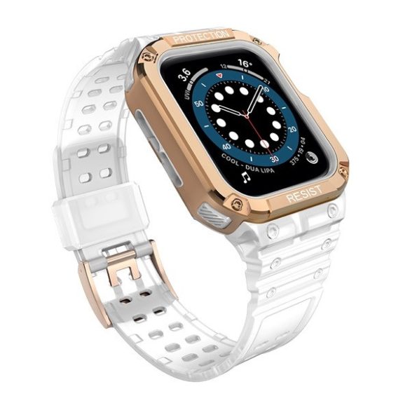Apple Watch 1-6, SE, SE (2022) (42 / 44 mm) / Watch 7-9 (45 mm), Szilikon védőkeret, közepesen ütésálló, állítható szíjjal, kétszínű, fehér/vörösarany