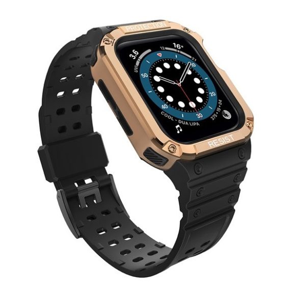 Apple Watch 1-6, SE, SE (2022) (42 / 44 mm) / Watch 7-9 (45 mm), Szilikon védőkeret, közepesen ütésálló, állítható szíjjal, kétszínű, fekete/vörösarany