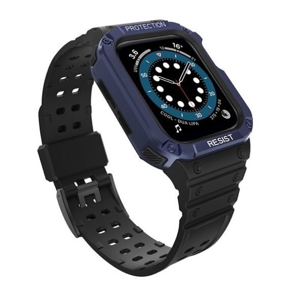 Apple Watch 1-6, SE, SE (2022) (38 / 40 mm) / Watch 7-9 (41 mm), Szilikon védőkeret, közepesen ütésálló, állítható szíjjal, kétszínű, fekete/sötétkék