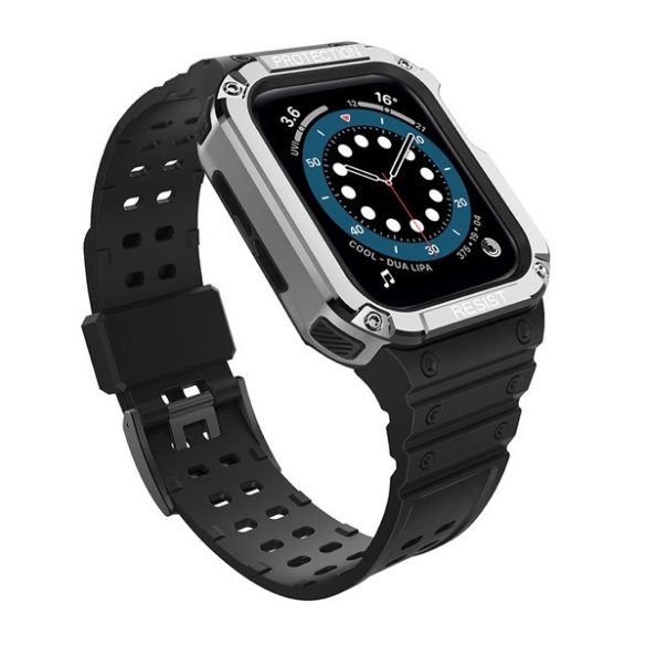 Apple Watch 1-6, SE, SE (2022) (38 / 40 mm) / Watch 7-9 (41 mm), Szilikon védőkeret, közepesen ütésálló, állítható szíjjal, kétszínű, fekete/ezüst