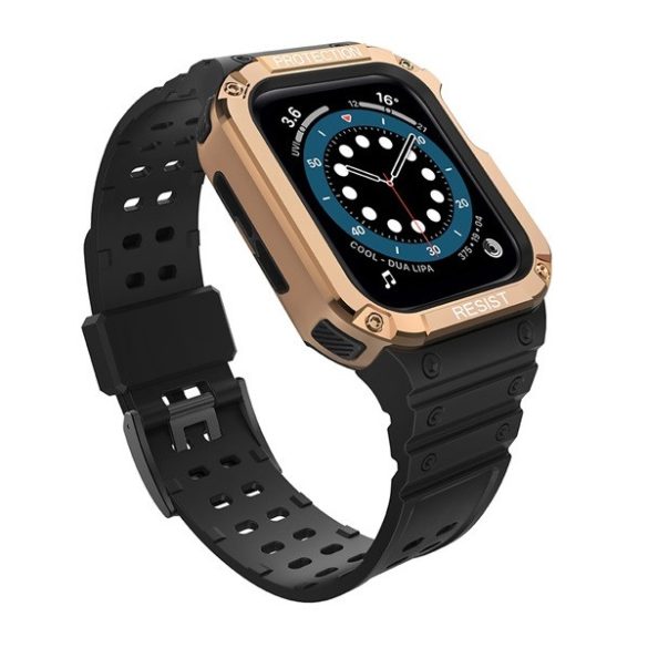 Apple Watch 1-6, SE, SE (2022) (38 / 40 mm) / Watch 7-9 (41 mm), Szilikon védőkeret, közepesen ütésálló, állítható szíjjal, kétszínű, fekete/vörösarany