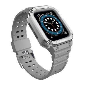 Apple Watch 1-6, SE, SE (2022) (38 / 40 mm) / Watch 7-9 (41 mm), Szilikon védőkeret, közepesen ütésálló, állítható szíjjal, kétszínű, szürke/ezüst