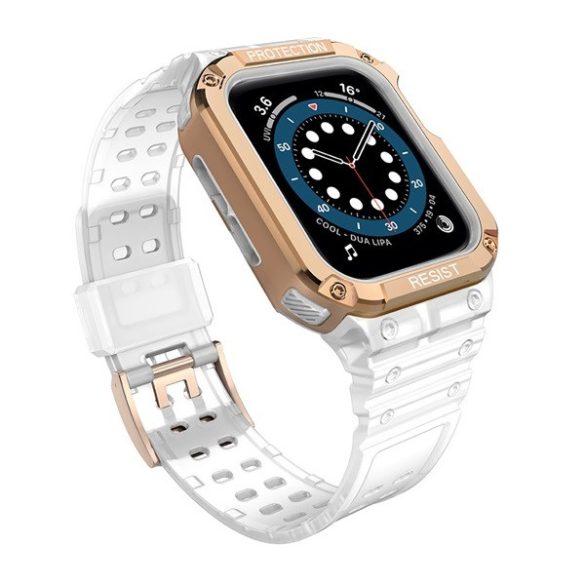 Apple Watch 1-6, SE, SE (2022) (42 / 44 mm) / Watch 7-9 (45 mm), Szilikon védőkeret, közepesen ütésálló, állítható szíjjal, kétszínű, átlátszó/vörösarany