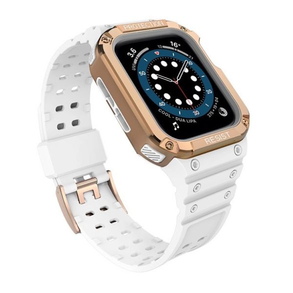 Apple Watch 1-6, SE, SE (2022) (38 / 40 mm) / Watch 7-9 (41 mm), Szilikon védőkeret, közepesen ütésálló, állítható szíjjal, kétszínű, fehér/vörösarany