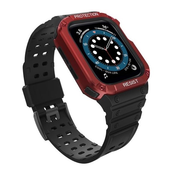 Apple Watch 1-6, SE, SE (2022) (42 / 44 mm) / Watch 7-9 (45 mm), Szilikon védőkeret, közepesen ütésálló, állítható szíjjal, kétszínű, fekete/piros