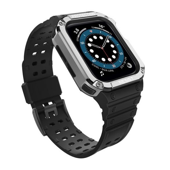 Apple Watch 1-6, SE, SE (2022) (42 / 44 mm) / Watch 7-9 (45 mm), Szilikon védőkeret, közepesen ütésálló, állítható szíjjal, kétszínű, fekete/ezüst