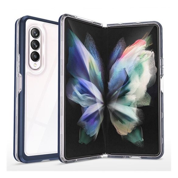 Samsung Galaxy Z Fold4 5G SM-F936B, Szilikon tok + műanyag keret, akril hátlap, közepesen ütésálló, átlátszó/sötétkék