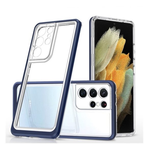 Samsung Galaxy S23 Ultra SM-S918, Szilikon tok + műanyag keret, akril hátlap, közepesen ütésálló, átlátszó/sötétkék