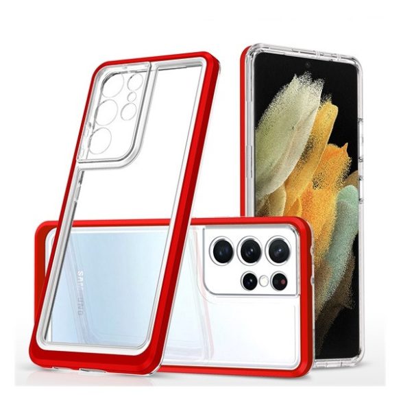 Samsung Galaxy S23 Ultra SM-S918, Szilikon tok + műanyag keret, akril hátlap, közepesen ütésálló, átlátszó/piros