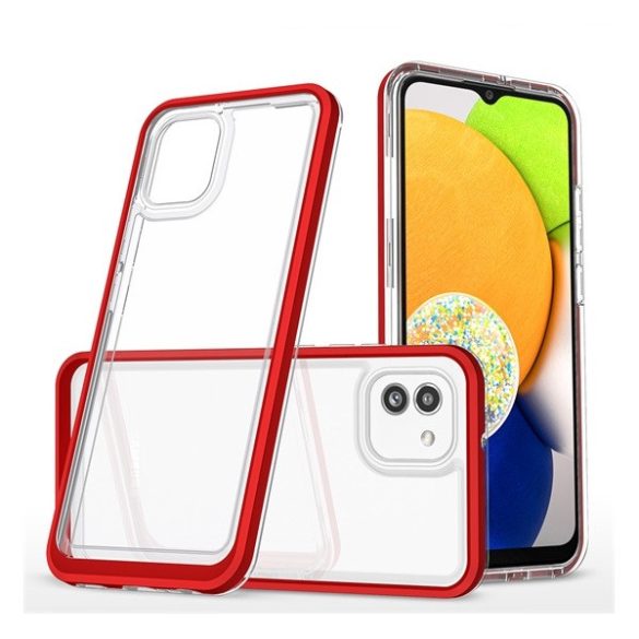 Samsung Galaxy A03 SM-A035F, Szilikon tok + műanyag keret, akril hátlap, közepesen ütésálló, átlátszó/piros
