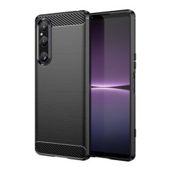   Sony Xperia 1 V, Szilikon tok, közepesen ütésálló, szálcsiszolt, karbon minta, fekete