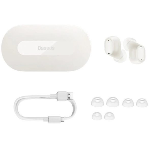 Bluetooth sztereó fülhallgató, v5.3, TWS, töltőtok, zajszűrővel, érintés vezérlés, LED-es, játékosoknak ajánlott, Baseus Bowie EZ10, fehér