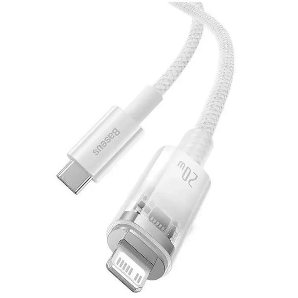 USB Type-C töltő- és adatkábel, Lightning, 100 cm, 2400 mA, 20W, gyorstöltés, cipőfűző minta, Baseus Explorer, CATS010202, fehér