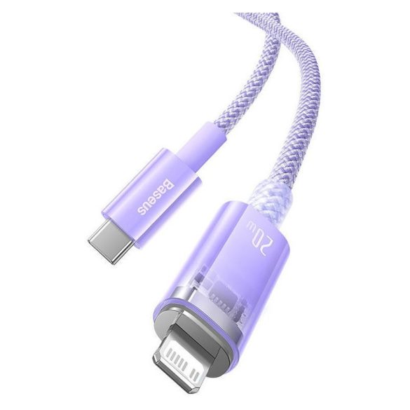 USB Type-C töltő- és adatkábel, Lightning, 100 cm, 2400 mA, 20W, gyorstöltés, cipőfűző minta, Baseus Explorer, CATS010205, lila