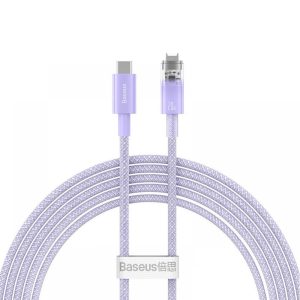 USB Type-C töltő- és adatkábel, Lightning, 200 cm, 2400 mA, 20W, gyorstöltés, cipőfűző minta, Baseus Explorer, CATS010305, lila