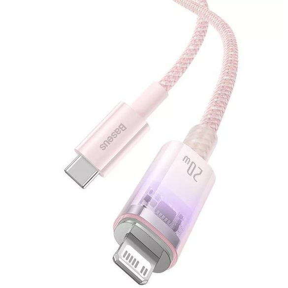 USB Type-C töltő- és adatkábel, Lightning, 100 cm, 2400 mA, 20W, gyorstöltés, cipőfűző minta, Baseus Explorer, CATS010204, rózsaszín