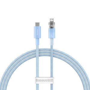 USB Type-C töltő- és adatkábel, Lightning, 100 cm, 2400 mA, 20W, gyorstöltés, cipőfűző minta, Baseus Explorer, CATS010203, világoskék