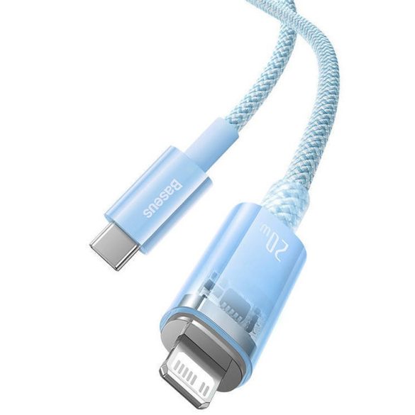 USB Type-C töltő- és adatkábel, Lightning, 100 cm, 2400 mA, 20W, gyorstöltés, cipőfűző minta, Baseus Explorer, CATS010203, világoskék