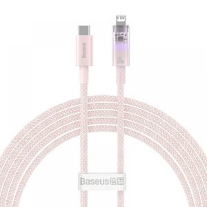 USB Type-C töltő- és adatkábel, Lightning, 200 cm, 2400 mA, 20W, gyorstöltés, cipőfűző minta, Baseus Explorer, CATS010304, rózsaszín