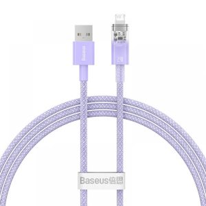 USB töltő- és adatkábel, Lightning, 100 cm, 2400 mA, gyorstöltés, cipőfűző minta, Baseus Explorer, CATS010005, lila