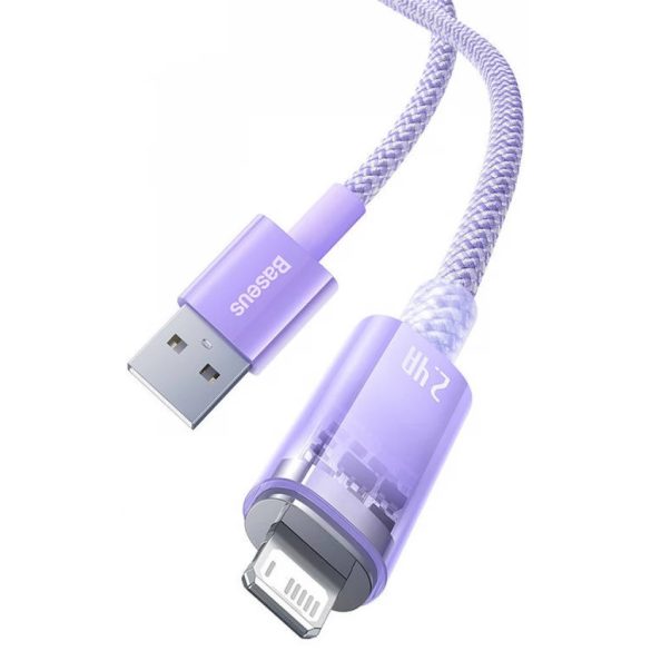 USB töltő- és adatkábel, Lightning, 100 cm, 2400 mA, gyorstöltés, cipőfűző minta, Baseus Explorer, CATS010005, lila