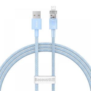 USB töltő- és adatkábel, Lightning, 100 cm, 2400 mA, gyorstöltés, cipőfűző minta, Baseus Explorer, CATS010003, világoskék