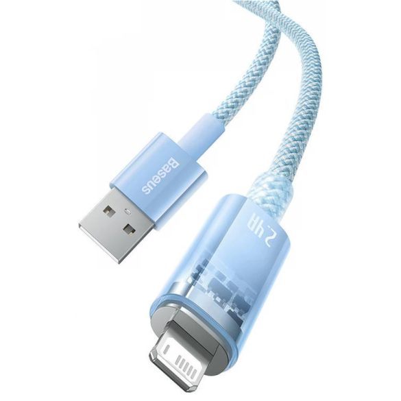 USB töltő- és adatkábel, Lightning, 100 cm, 2400 mA, gyorstöltés, cipőfűző minta, Baseus Explorer, CATS010003, világoskék