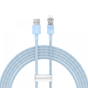 USB töltő- és adatkábel, Lightning, 200 cm, 2400 mA, gyorstöltés, cipőfűző minta, Baseus Explorer, CATS010103, világoskék