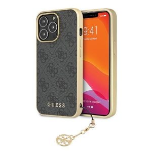 Apple iPhone 14 Pro, Műanyag hátlap védőtok, telefondísszel, Guess minta, Guess 4G Charms, szürke