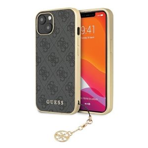 Apple iPhone 14, Műanyag hátlap védőtok, telefondísszel, Guess minta, Guess 4G Charms, szürke