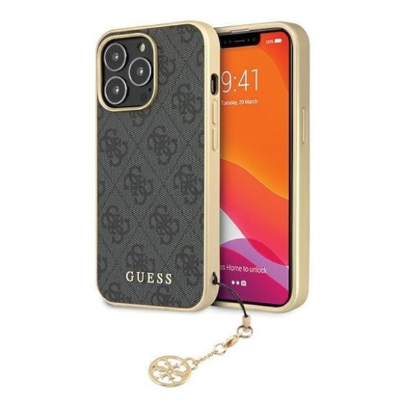 Apple iPhone 14 Pro Max, Műanyag hátlap védőtok, telefondísszel, Guess minta, Guess 4G Charms, szürke