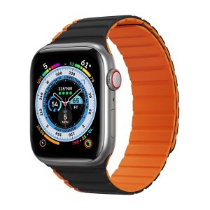 Apple Watch 1-6, SE, SE (2022) (42 / 44 mm) / Watch 7-8 (45 mm) / Watch Ultra (49 mm), szilikon pótszíj, mágneses zár, kétszínű, 3D minta, Dux Ducis LD, fekete/narancssárga