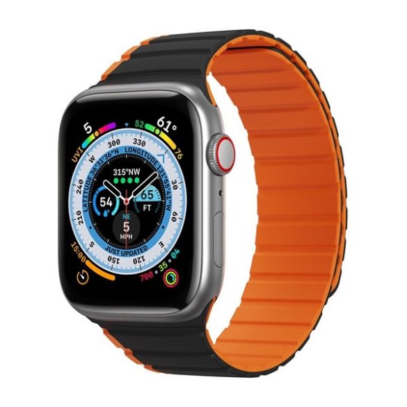 Apple Watch 1-6, SE, SE (2022) (42 / 44 mm) / Watch 7-8 (45 mm) / Watch Ultra (49 mm), szilikon pótszíj, mágneses zár, kétszínű, 3D minta, Dux Ducis LD, fekete/narancssárga