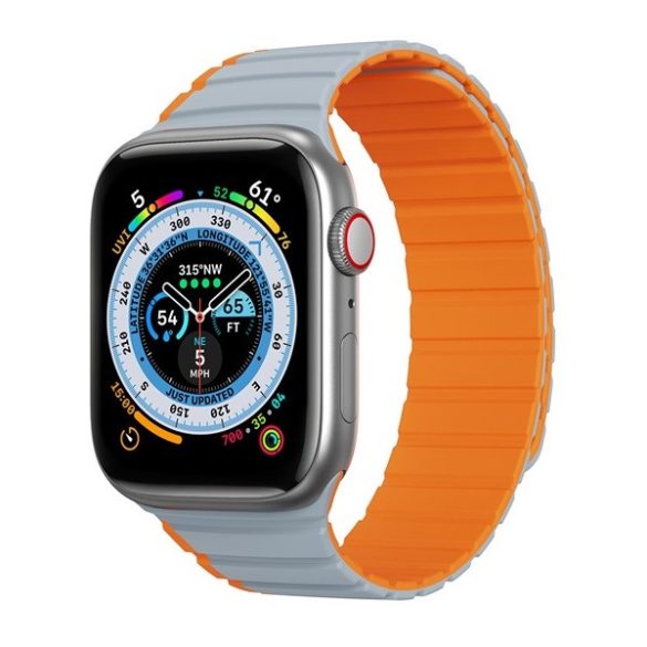 Apple Watch 1-6, SE, SE (2022) (42 / 44 mm) / Watch 7-8 (45 mm) / Watch Ultra (49 mm), szilikon pótszíj, mágneses zár, kétszínű, 3D minta, Dux Ducis LD, szürke/narancssárga