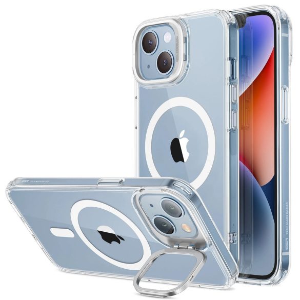 Apple iPhone 13 / 14, Szilikon tok, közepesen ütésálló, légpárnás sarok, kitámasztóval, Magsafe kompatibilis, ESR Classic Hybrid Stash Stand HaloLock, átlátszó