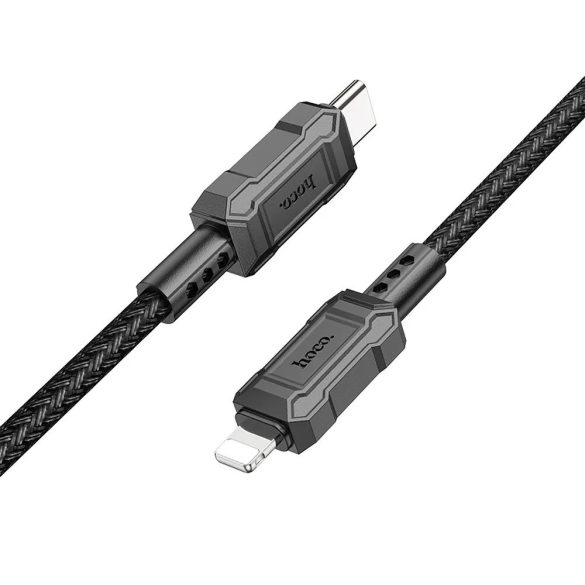 USB Type-C töltő- és adatkábel, Lightning, 100 cm, 2400mA, 20W, törésgátlóval, gyorstöltés, PD, QC, cipőfűző minta, Hoco X94 Leader, fekete