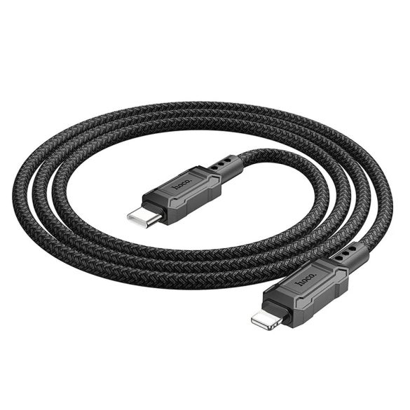 USB Type-C töltő- és adatkábel, Lightning, 100 cm, 2400mA, 20W, törésgátlóval, gyorstöltés, PD, QC, cipőfűző minta, Hoco X94 Leader, fekete