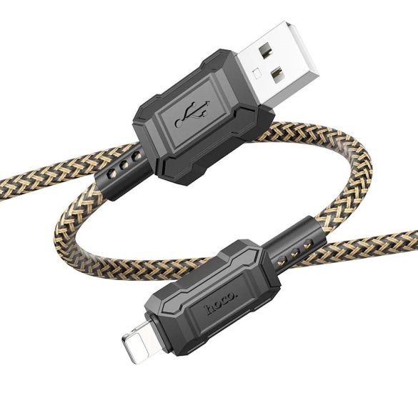 USB töltő- és adatkábel, Lightning, 100 cm, 2400mA, gyorstöltés, PD, cipőfűző minta, Hoco X94 Leader, arany