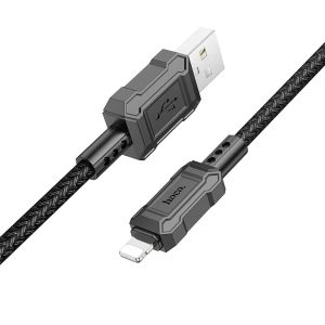 USB töltő- és adatkábel, Lightning, 100 cm, 2400mA, gyorstöltés, PD, cipőfűző minta, Hoco X94 Leader, fekete