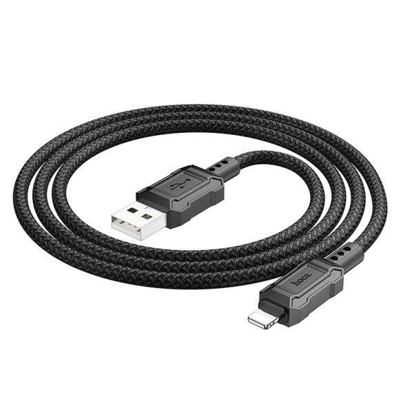 USB töltő- és adatkábel, Lightning, 100 cm, 2400mA, gyorstöltés, PD, cipőfűző minta, Hoco X94 Leader, fekete