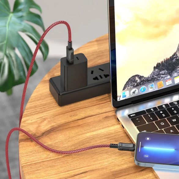 USB töltő- és adatkábel, Lightning, 100 cm, 2400mA, gyorstöltés, PD, cipőfűző minta, Hoco X94 Leader, piros