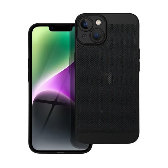 Apple iPhone 14, Műanyag hátlap védőtok, légáteresztő, lyukacsos minta, Breezy, fekete