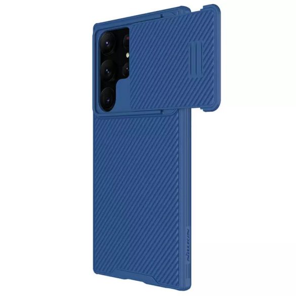 Samsung Galaxy S23 Ultra SM-S918, Műanyag hátlap + szilikon keret, közepesen ütésálló, kamera védelem, csíkos minta, Nillkin CamShield "S", kék