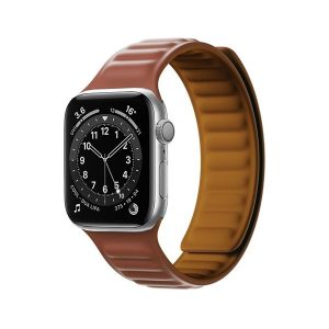 Apple Watch 1-6, SE, SE (2022) (42 / 44 mm) / Watch 7-9 (45 mm) / Watch Ultra (49 mm), szilikon pótszíj, mágneses zár, bőrhatású, 3D minta, barna