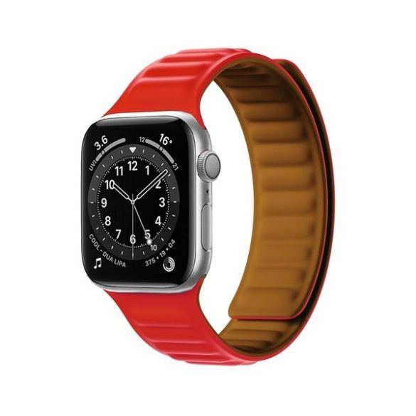 Apple Watch 1-6, SE, SE (2022) (38 / 40 mm) / Watch 7-9 (41 mm), szilikon pótszíj, mágneses zár, bőrhatású, 3D minta, piros