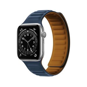 Apple Watch 1-6, SE, SE (2022) (42 / 44 mm) / Watch 7-9 (45 mm) / Watch Ultra (49 mm), szilikon pótszíj, mágneses zár, bőrhatású, 3D minta, sötétkék