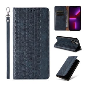 Xiaomi Redmi Note 11 / Note 11S, Oldalra nyíló tok, stand, kártyatartóval, kézpánttal, bőrhatású, fonott minta, mintás/sötétkék