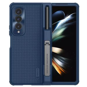 Samsung Galaxy Z Fold4 5G SM-F936B, Műanyag hátlap védőtok, szilikon keret, légpárnás sarok, kitámasztó, Ceruza tartó, Nillkin Super Frosted Shield Fold, sötétkék